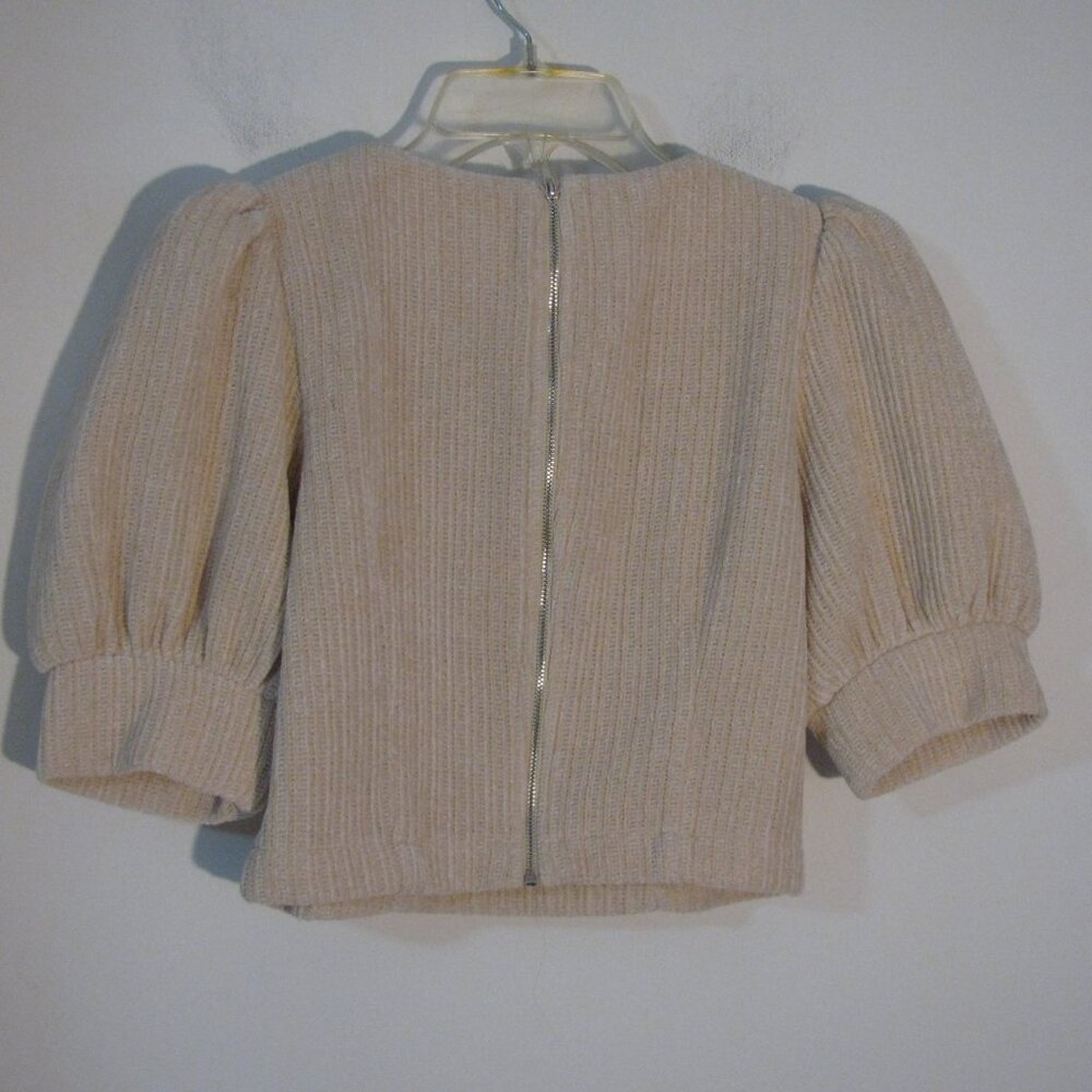 TCEC Crop Chenille Top Small Beige Ribbed Plush Short Top Puff Sleeve - Picture 4 of 5